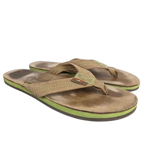 Rainbow Sandals Men's Sz 7.5 - 8.5 Tan Green 1 " Leather Straps Double Layer - Picture 3 of 15